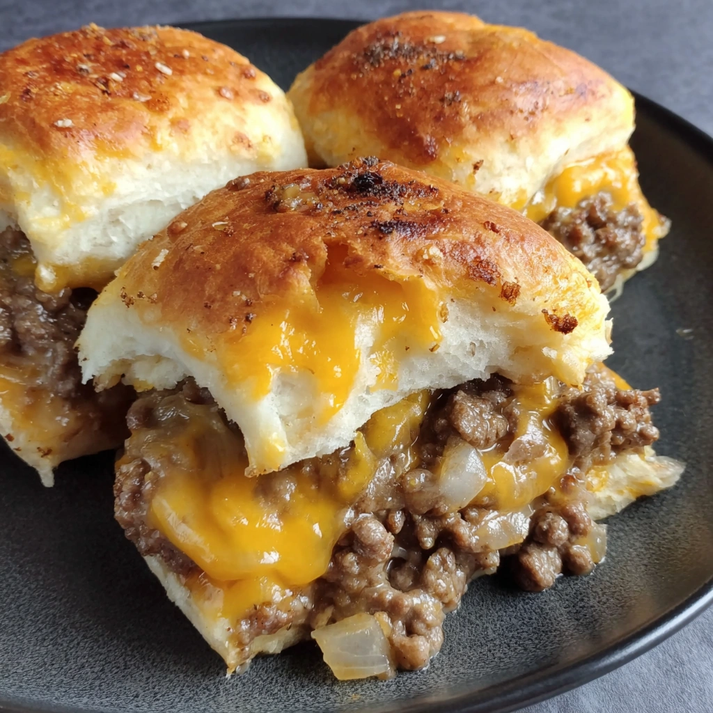 A plate of chopped cheeseburger biscuits.