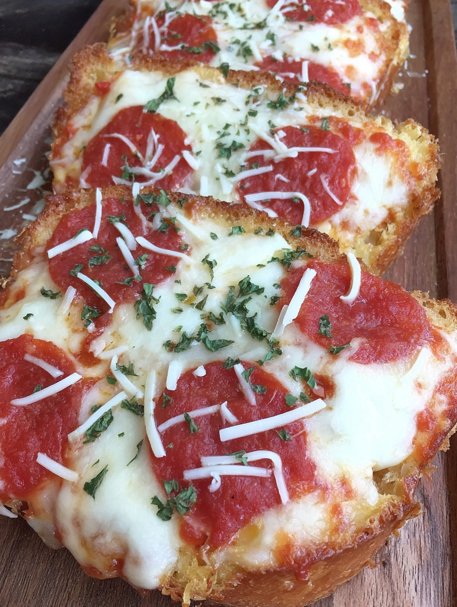 Two slices of garlic bread pizza with pepperoni and cheese.