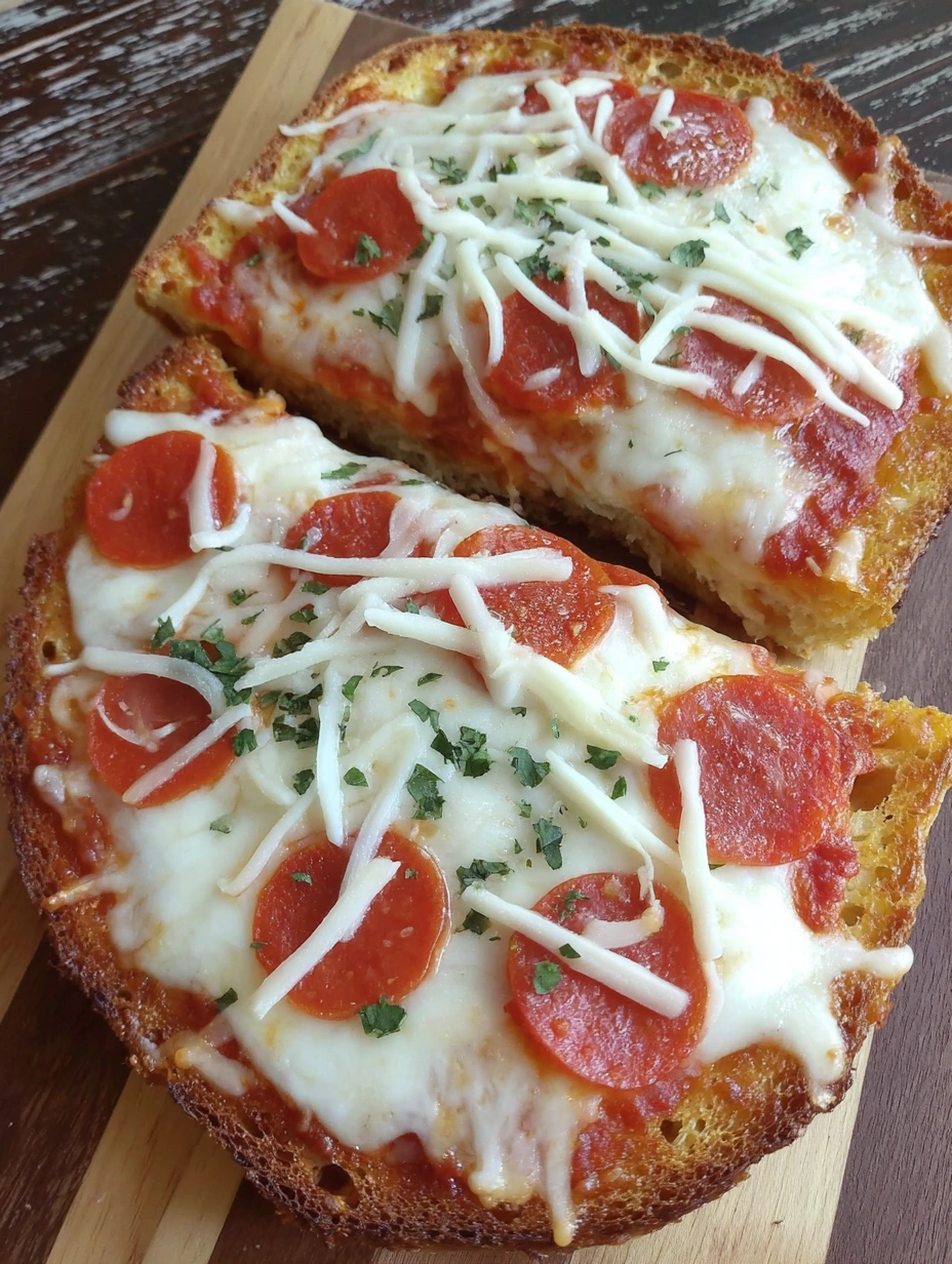 Two slices of garlic bread pizza with pepperoni and cheese.
