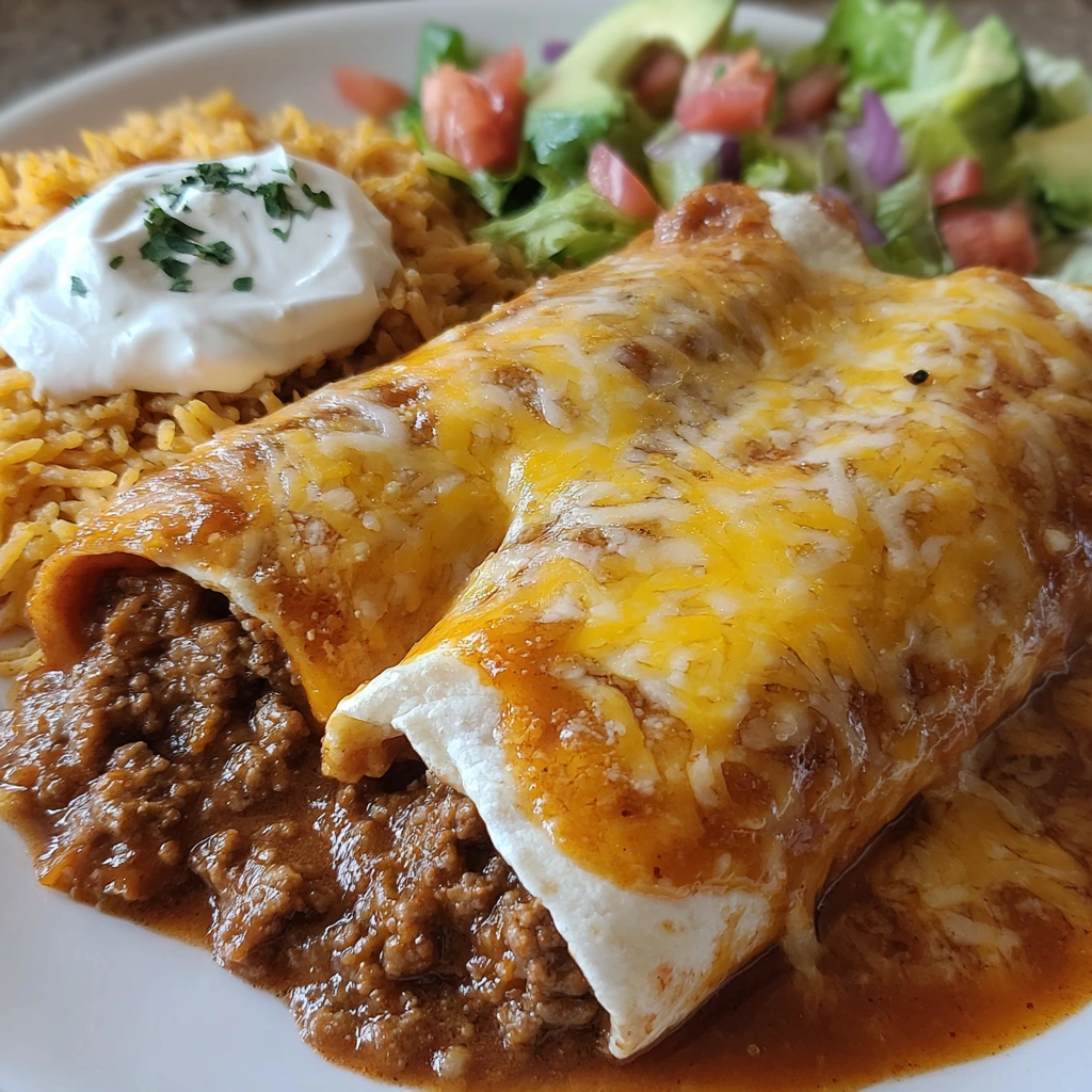 A plate of food with a burrito and rice.