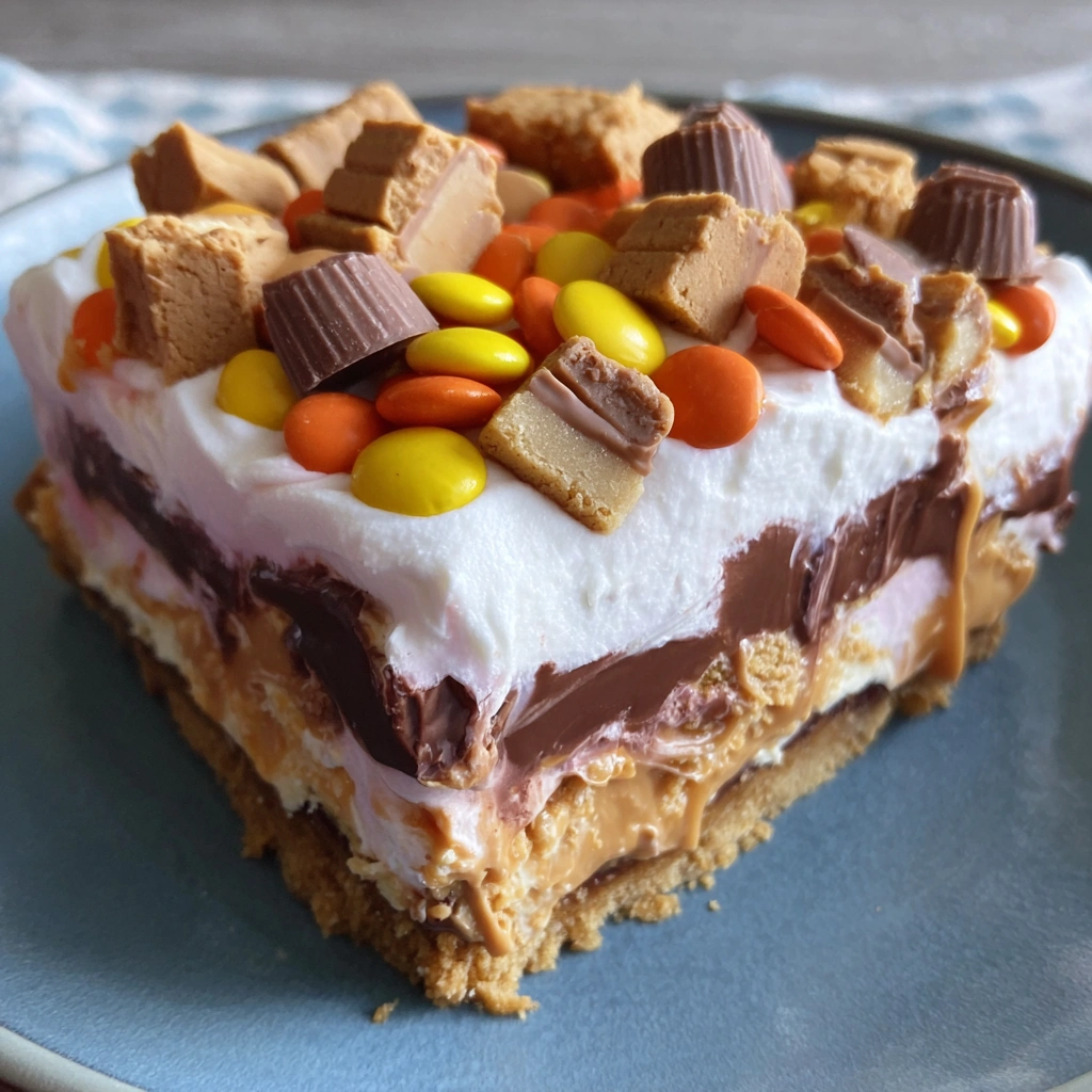 A slice of chocolate peanut butter lasagna.
