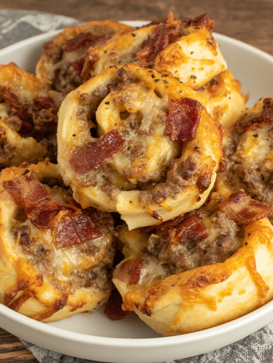 A bowl of garlic butter bacon cheeseburger rollups.