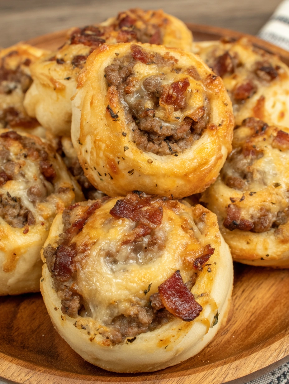 Bacon cheeseburger rollups on a wooden platter.