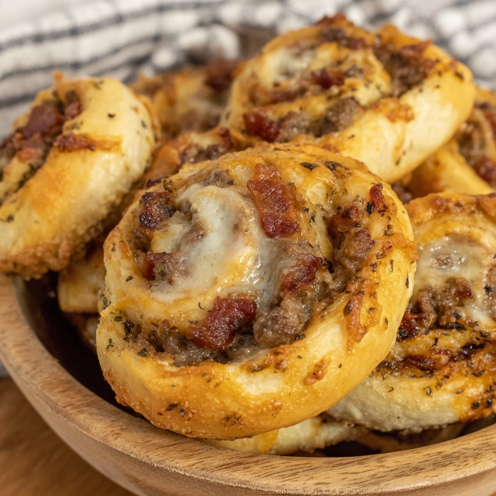 A bowl of garlic butter bacon cheeseburger rollups.