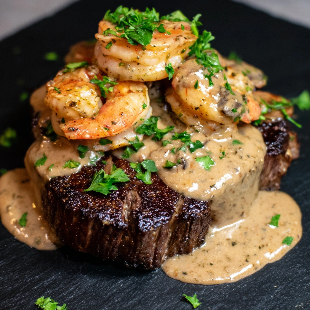A piece of meat with shrimp on top and a sauce.