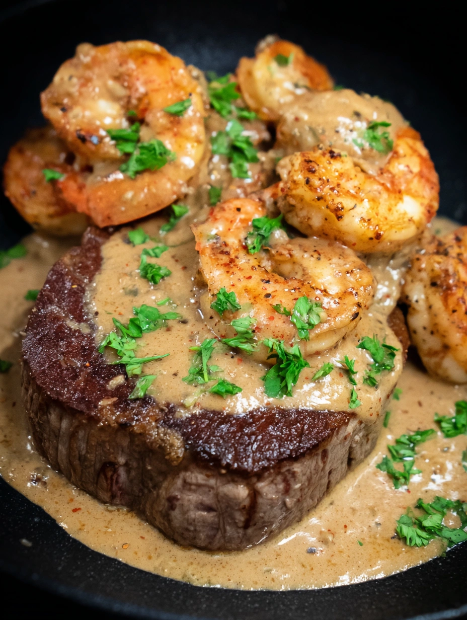 A piece of steak with shrimp on top.