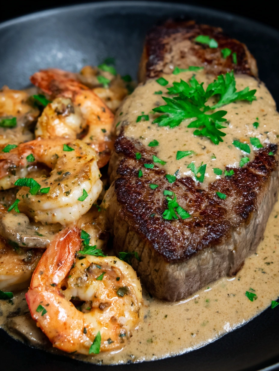 A piece of meat with shrimp sauce on it.