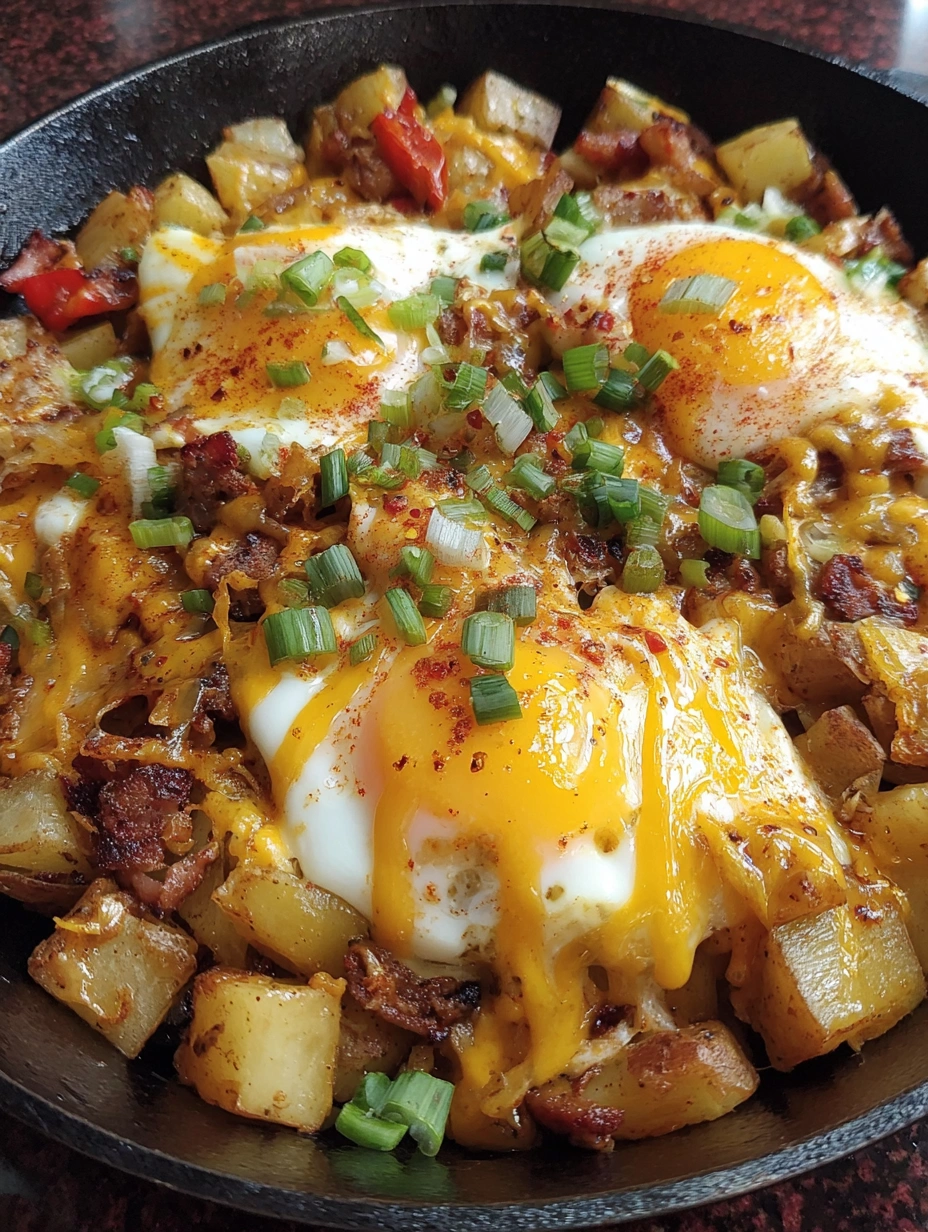 A breakfast skillet with sausage, potatoes, and eggs.