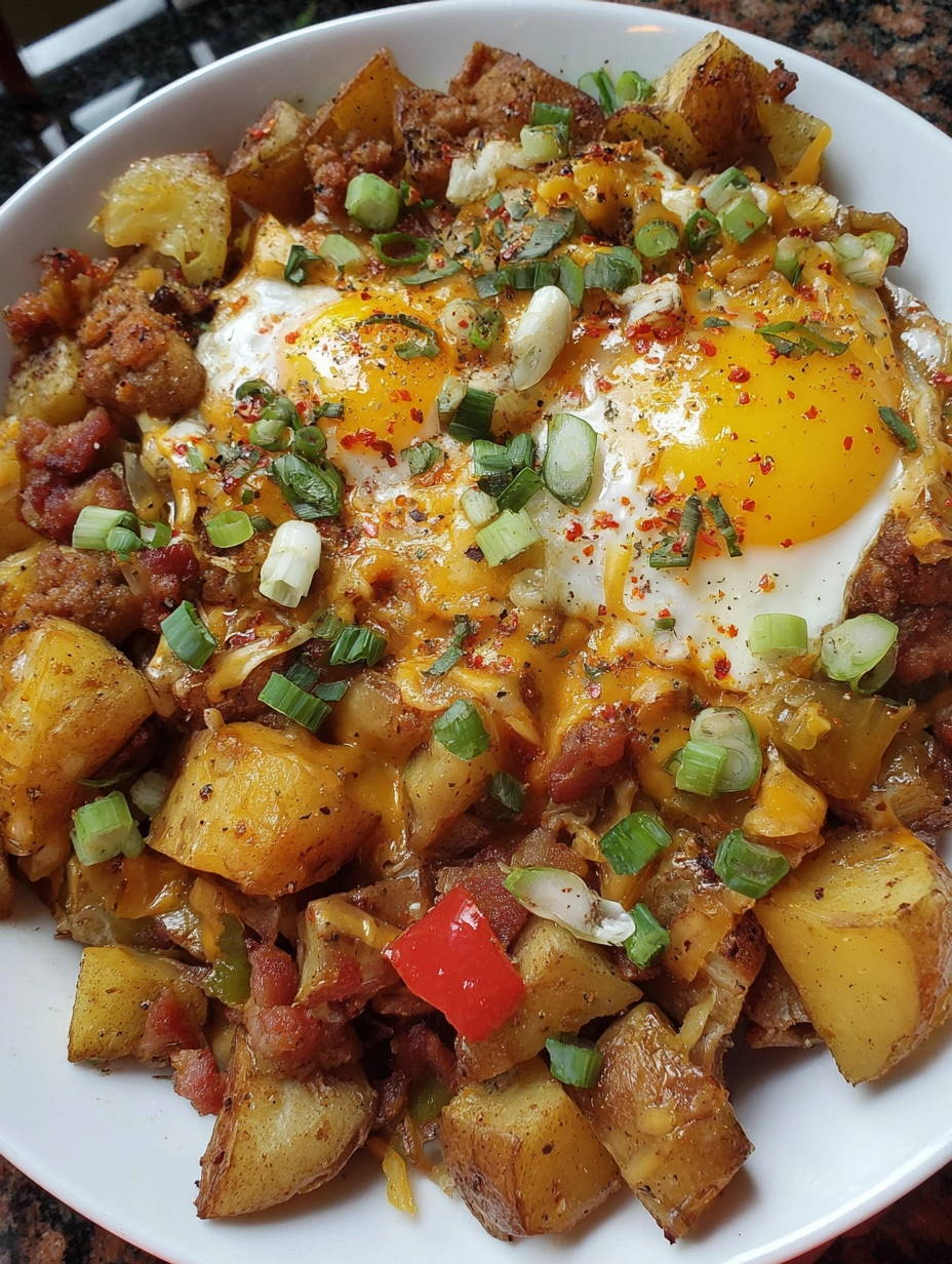 A breakfast skillet with potatoes, sausage, and bacon.