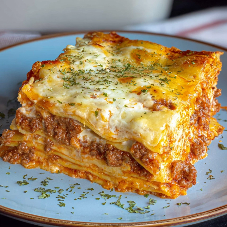 A plate of creamy alfredo beef lasagna.