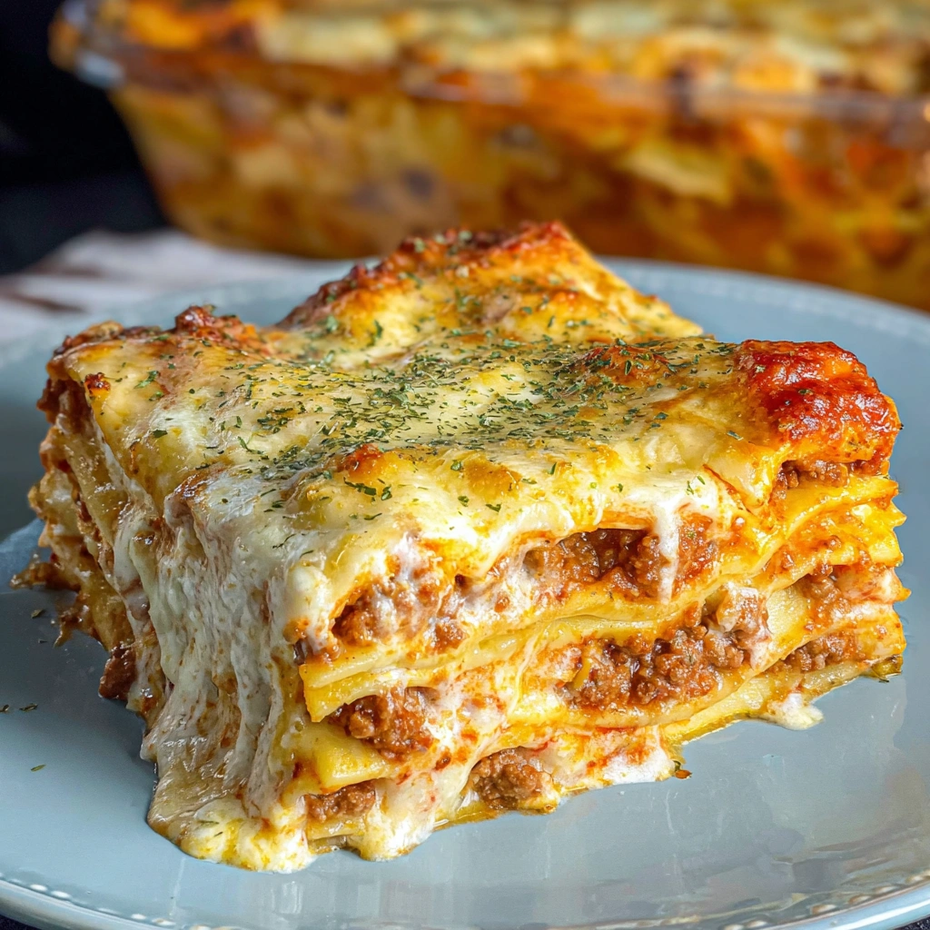 A slice of creamy alfredo beef lasagna.