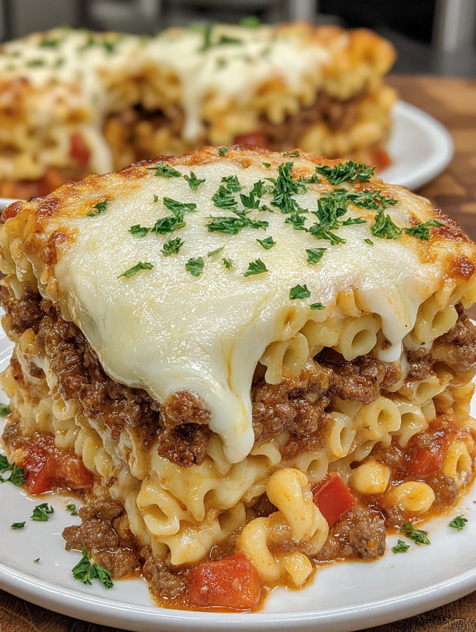 A close up of a delicious mac and cheese lasagna.