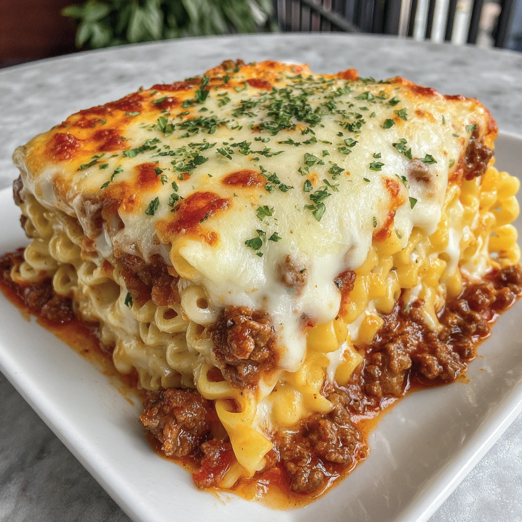 A plate of mac and cheese lasagna.