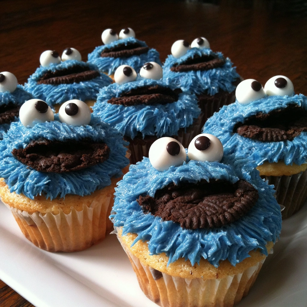 A plate of blue frosted cookie monster cupcakes.