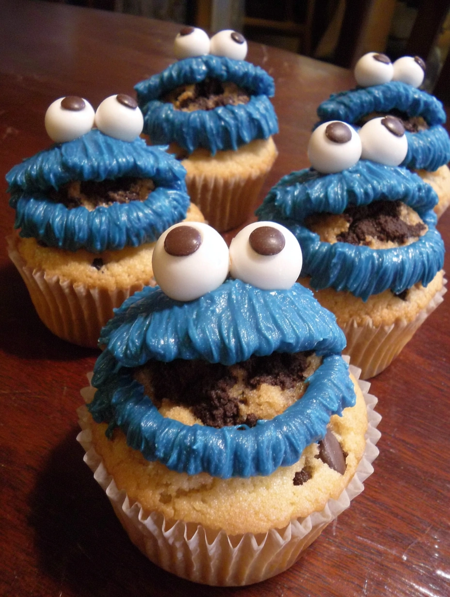 Cookie Monster cupcakes with chocolate chips.