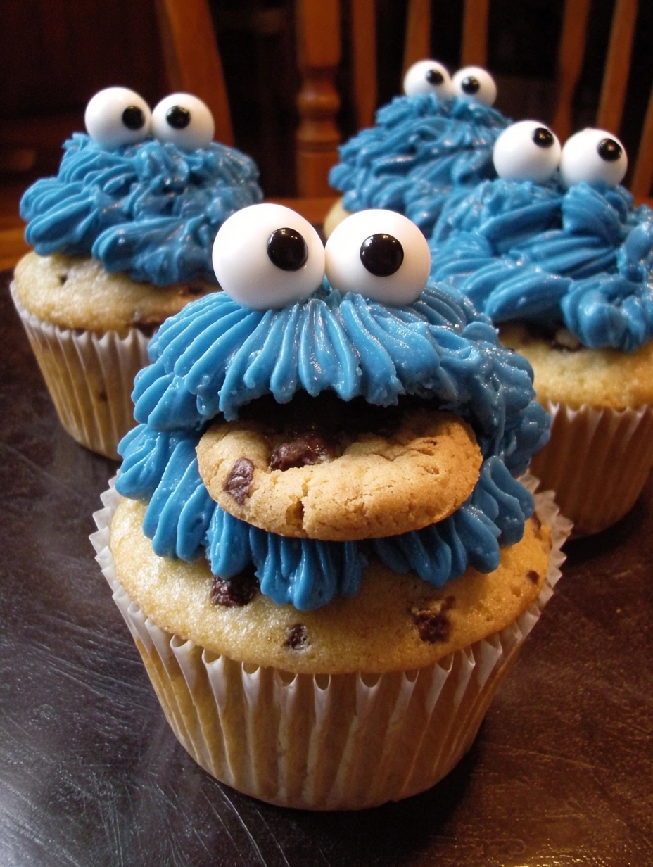 A blue cupcake with a chocolate chip cookie in the shape of the cookie monster.