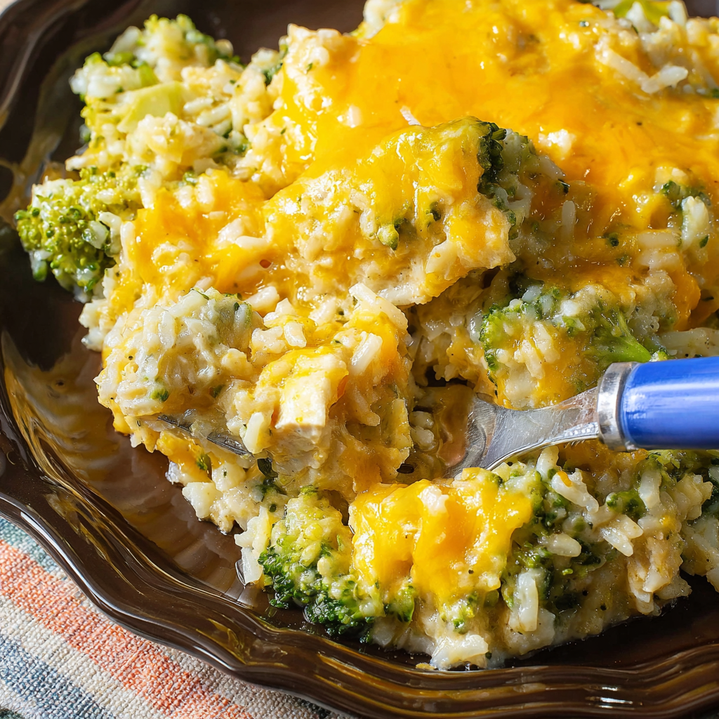 A plate of chicken and broccoli casserole.