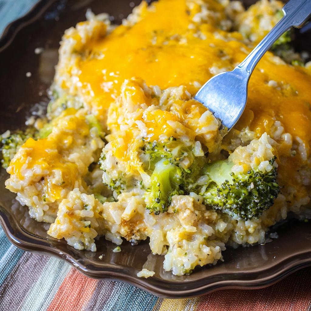 A fork is stuck in a bowl of chicken and broccoli.