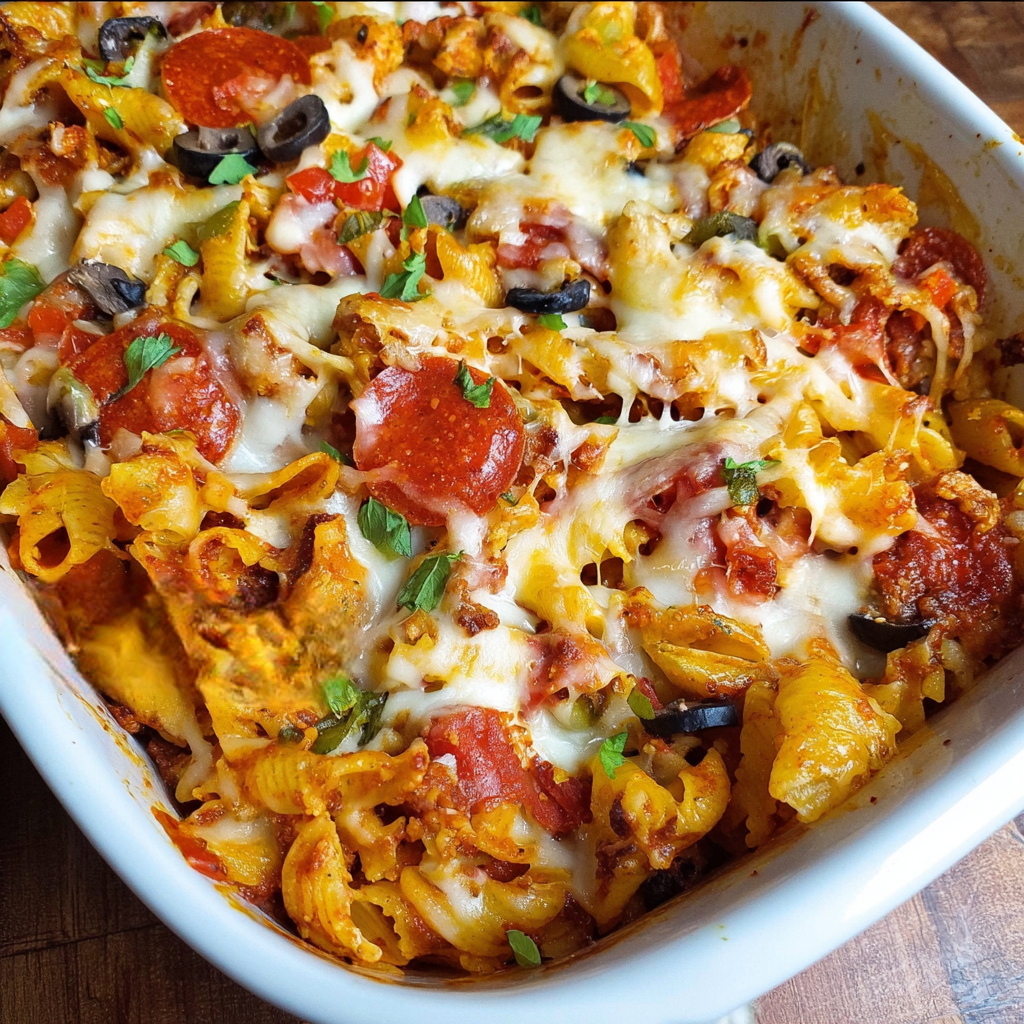 A delicious pasta casserole with pepperoni and olives.