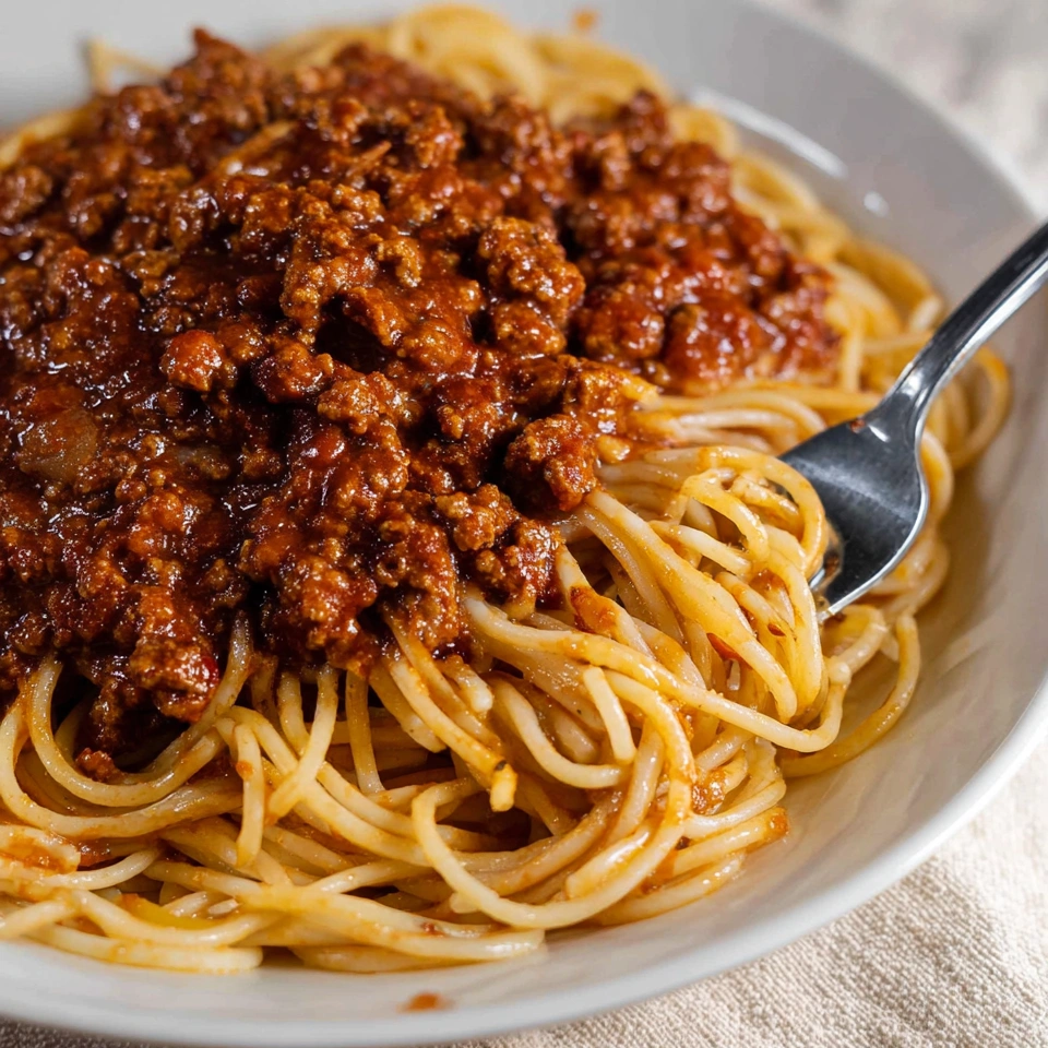 A bowl of pasta with meat sauce.