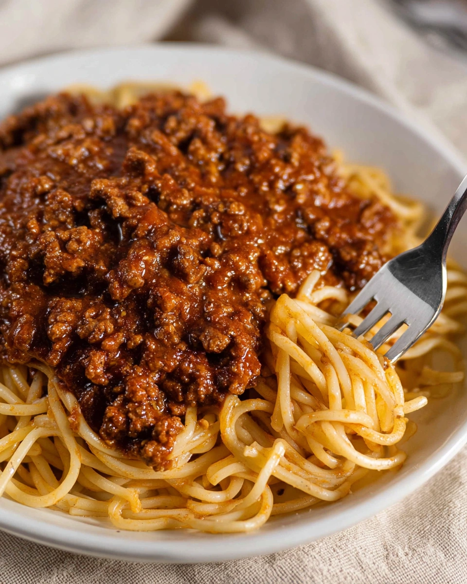 A plate of pasta with meat sauce.