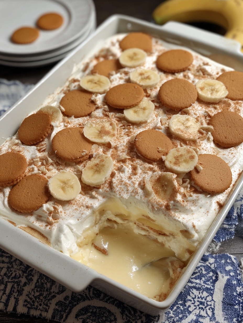 A white plate with a slice of banana pudding.