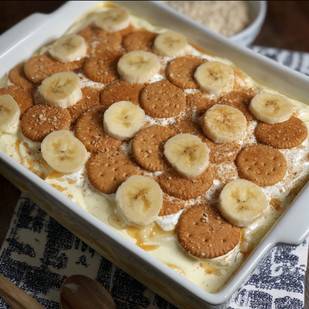 A white bowl filled with banana pudding.