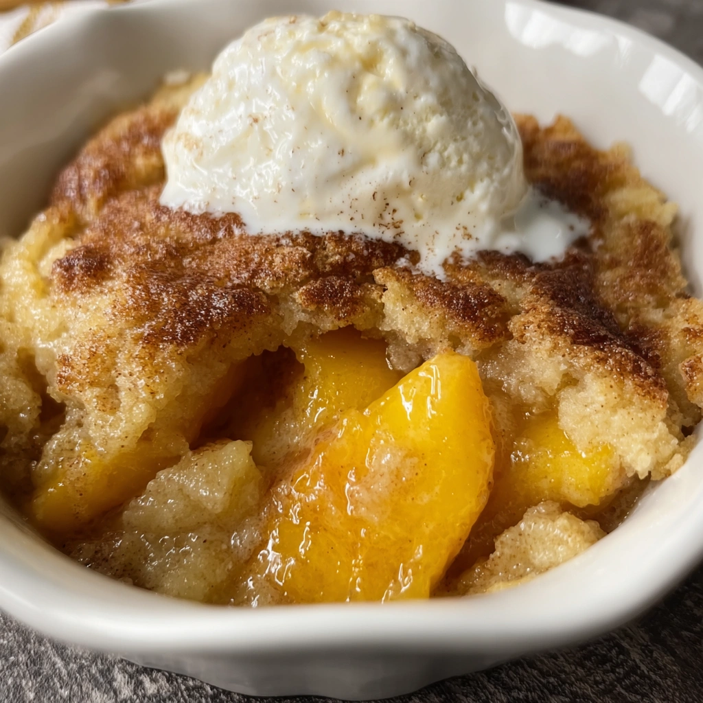 A bowl of peach cobbler with a scoop of ice cream on top.