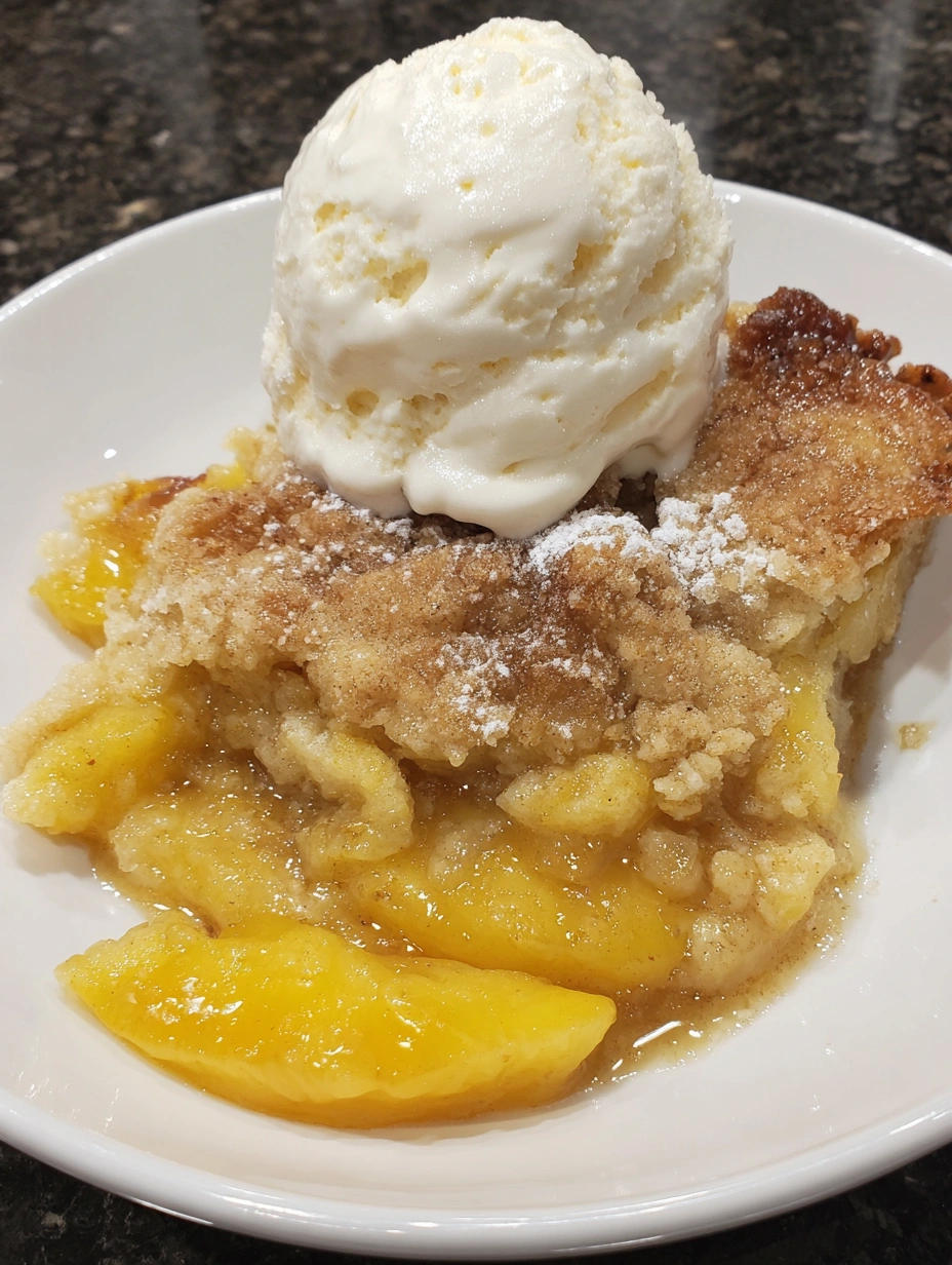 A slice of peach cobbler with a scoop of ice cream on top.