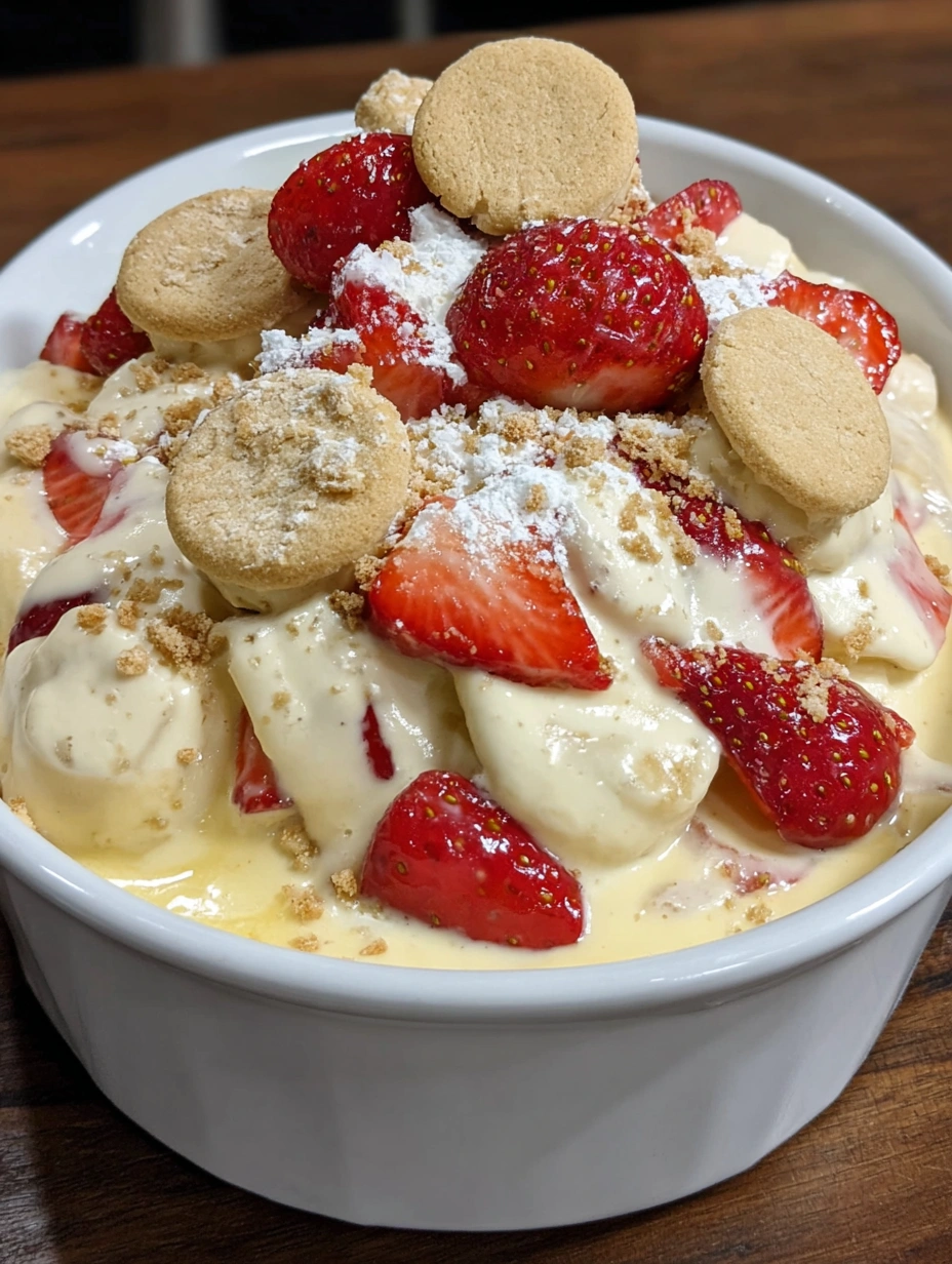 A bowl of strawberry banana pudding.