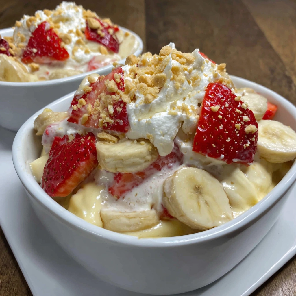 Two bowls of strawberry banana pudding.