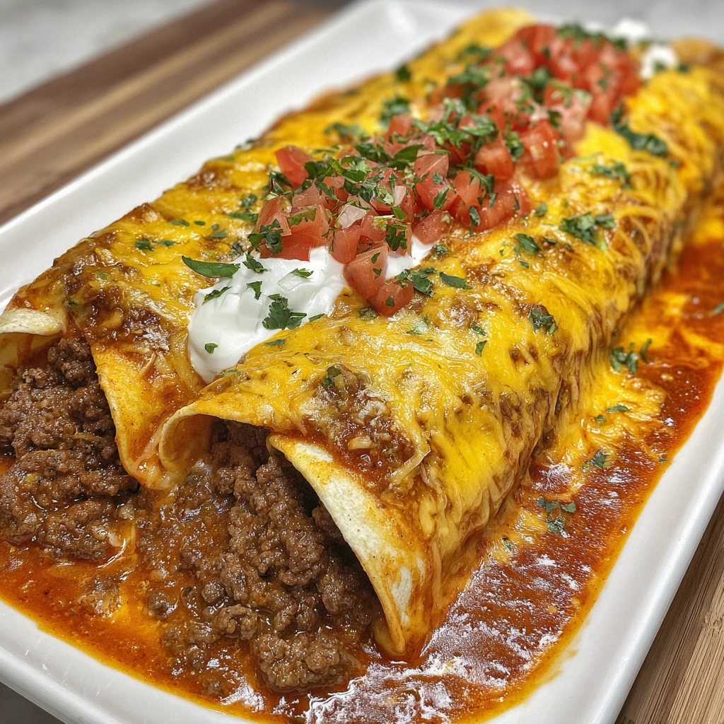 A plate of cheesy beef enchiladas.