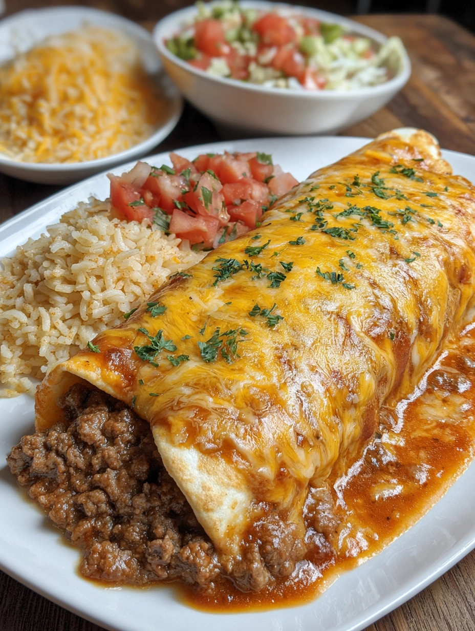 A plate of food with rice, beans, and cheesy beef enchiladas.
