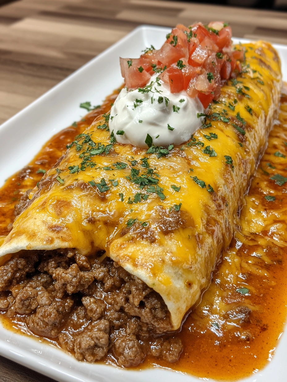 A cheesy beef enchilada with tomatoes on top.