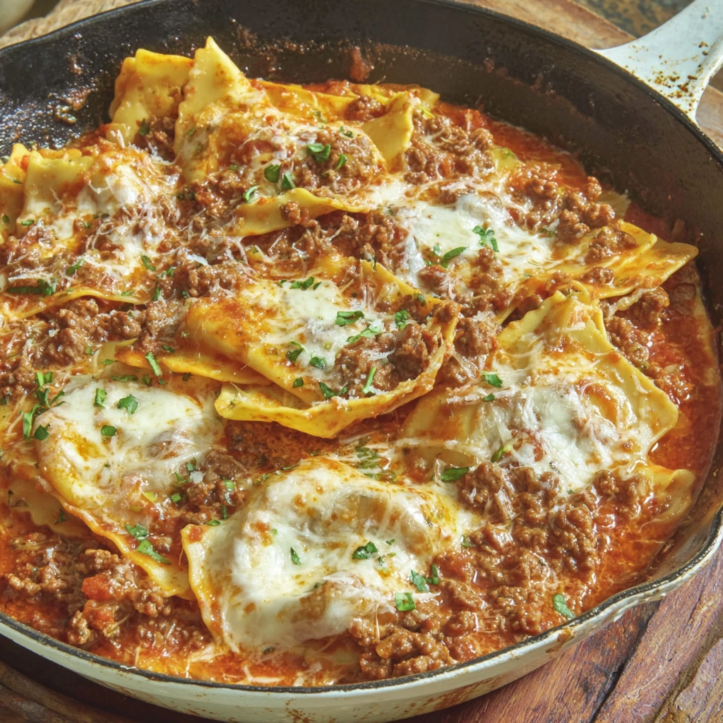 A skillet filled with lasagna.
