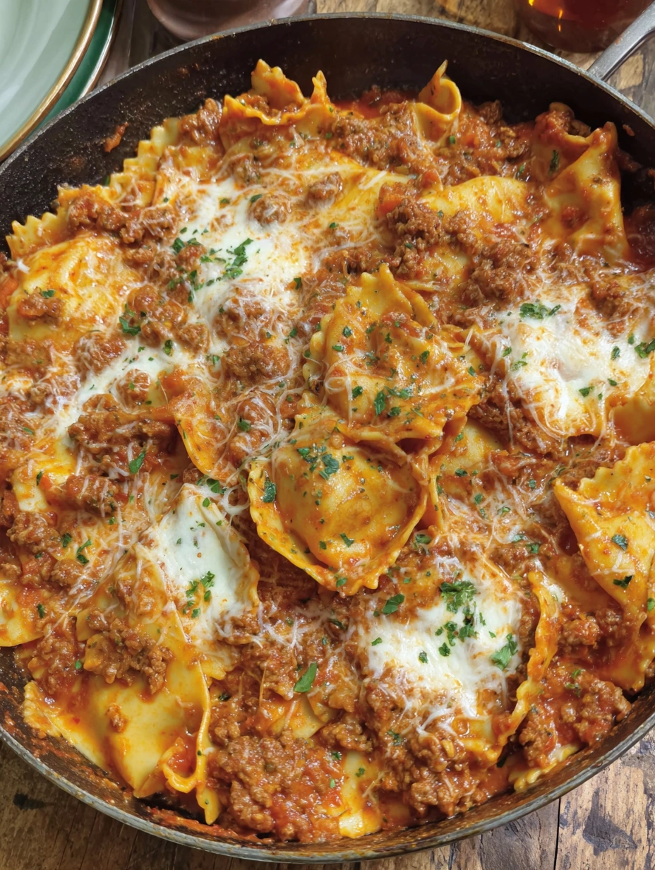 A skillet of lasagna with meat and cheese.