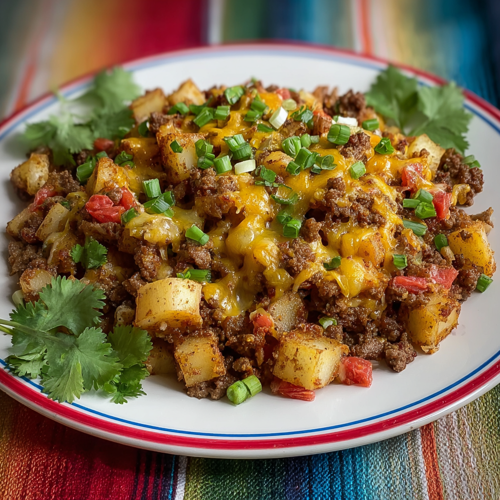 A plate of Tex-Mex ground beef and potato skillet.