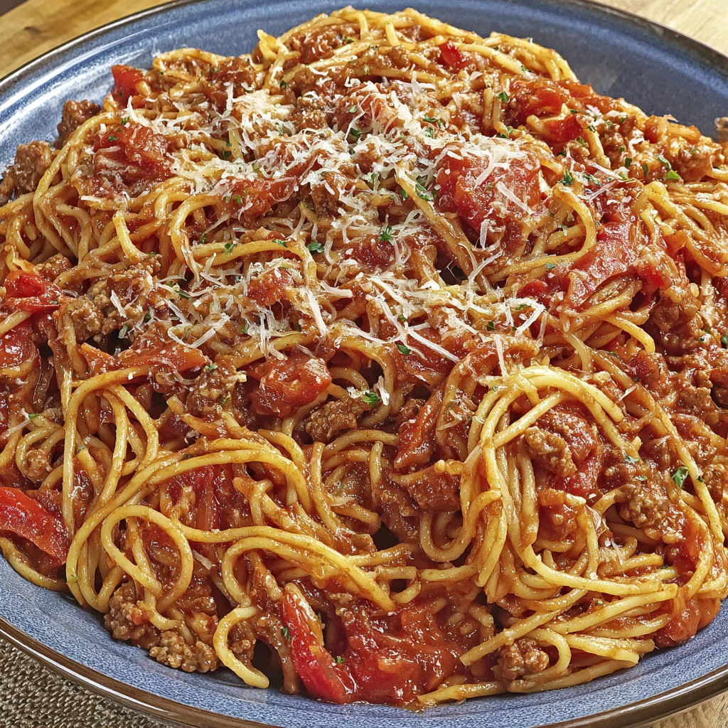 A plate of spaghetti with meat and tomatoes.