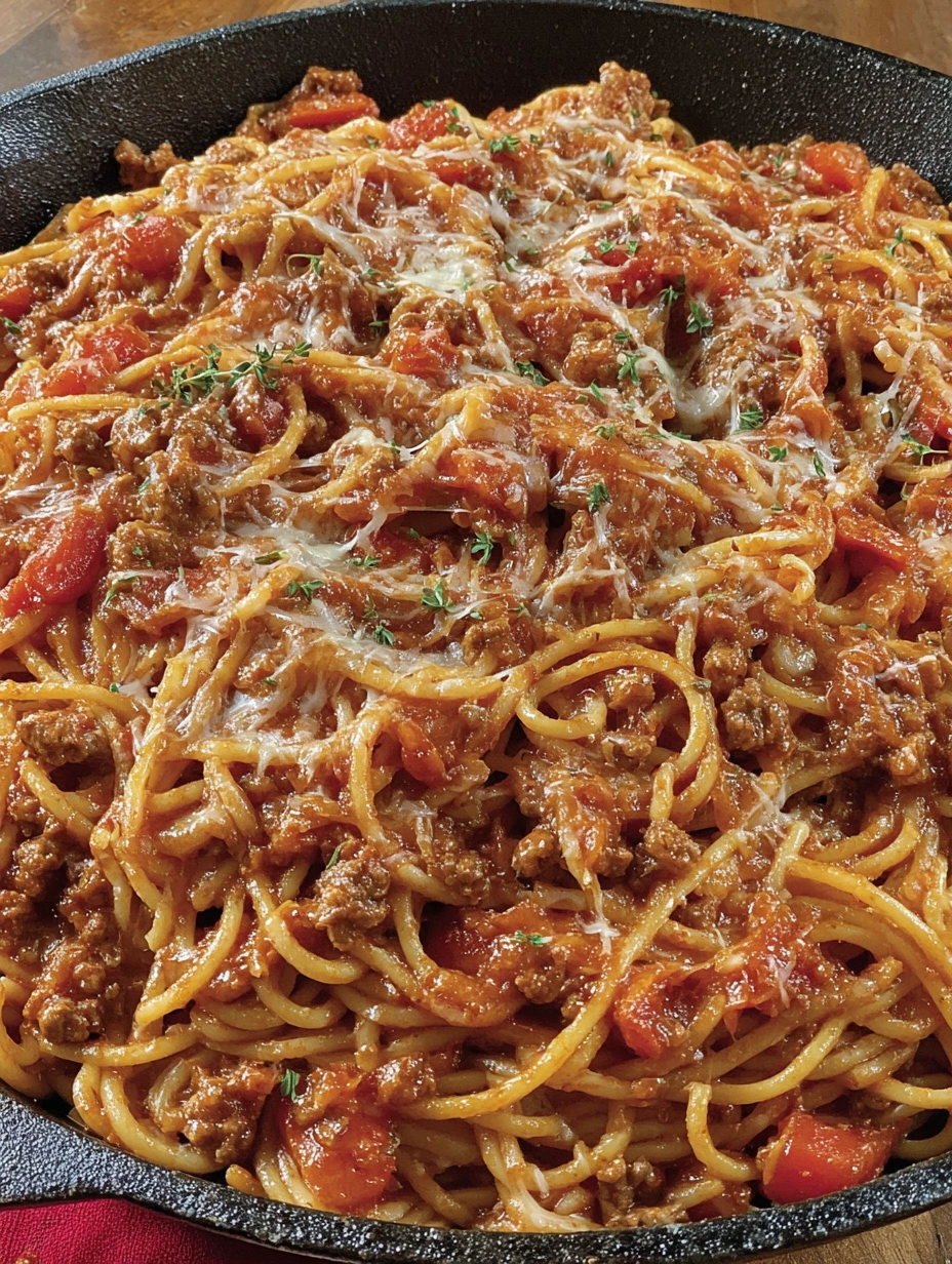 A plate of spaghetti with meat sauce.