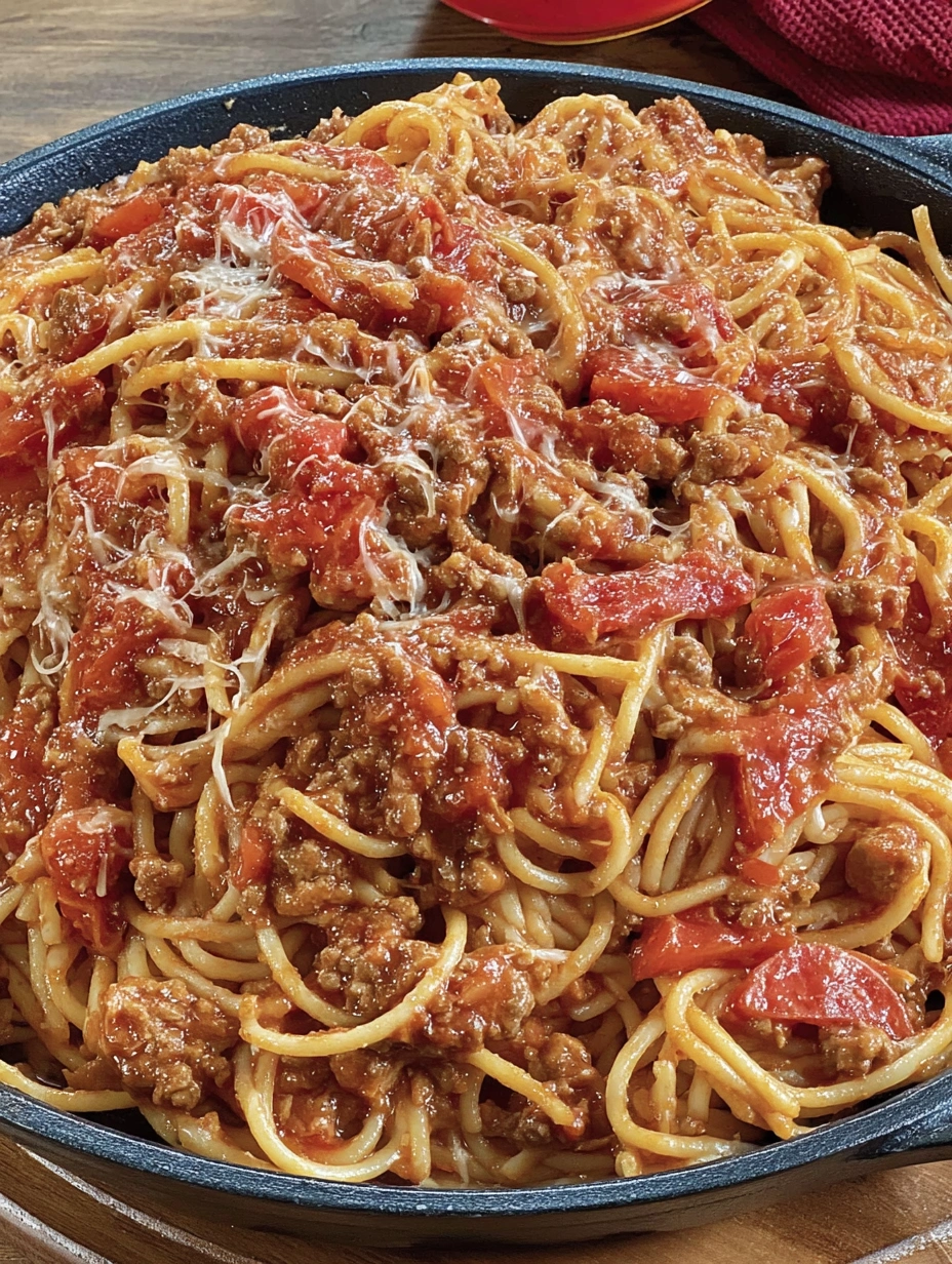 A bowl of spaghetti with meat sauce and tomatoes.