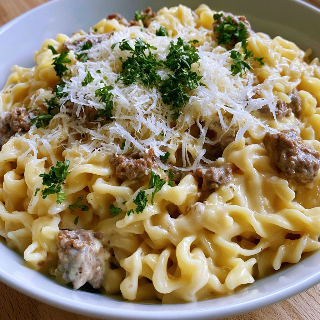 A bowl of pasta with cheese and meat.