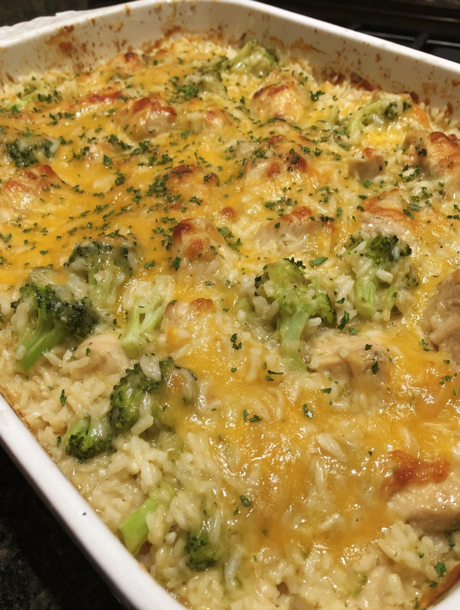 A cheesy chicken broccoli rice casserole.