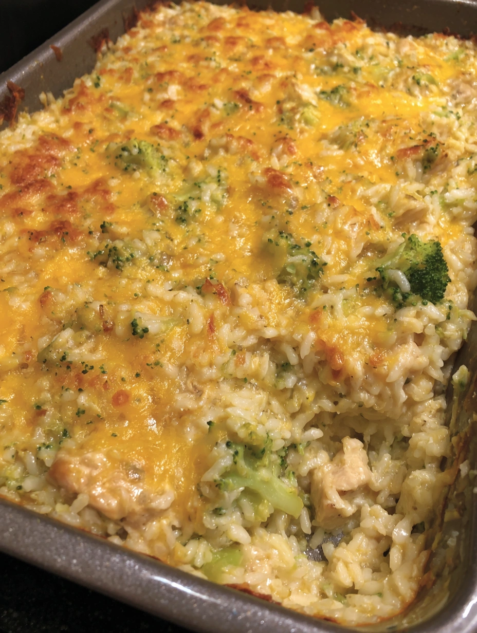 A cheesy chicken broccoli rice casserole.