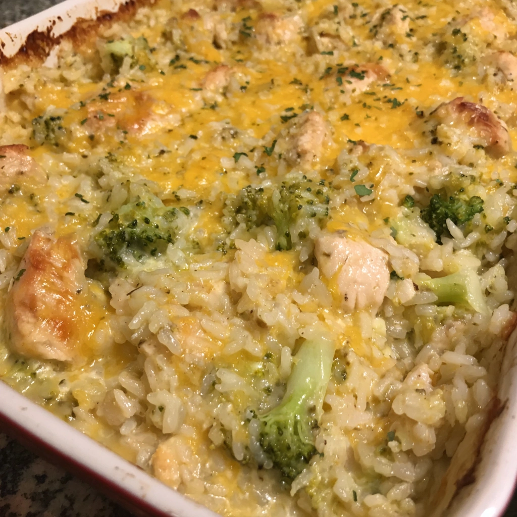 A dish of rice, broccoli, and chicken.