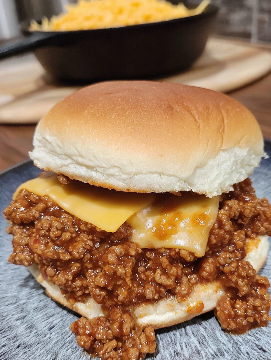 A sloppy joe sandwich with cheese on a bun.