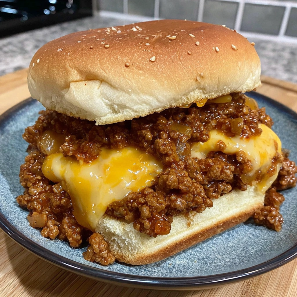 A sloppy joe sandwich on a plate.