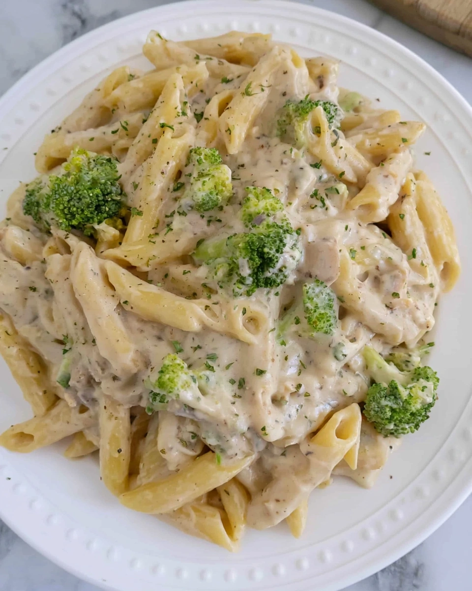 A plate of chicken, broccoli, and penne pasta.
