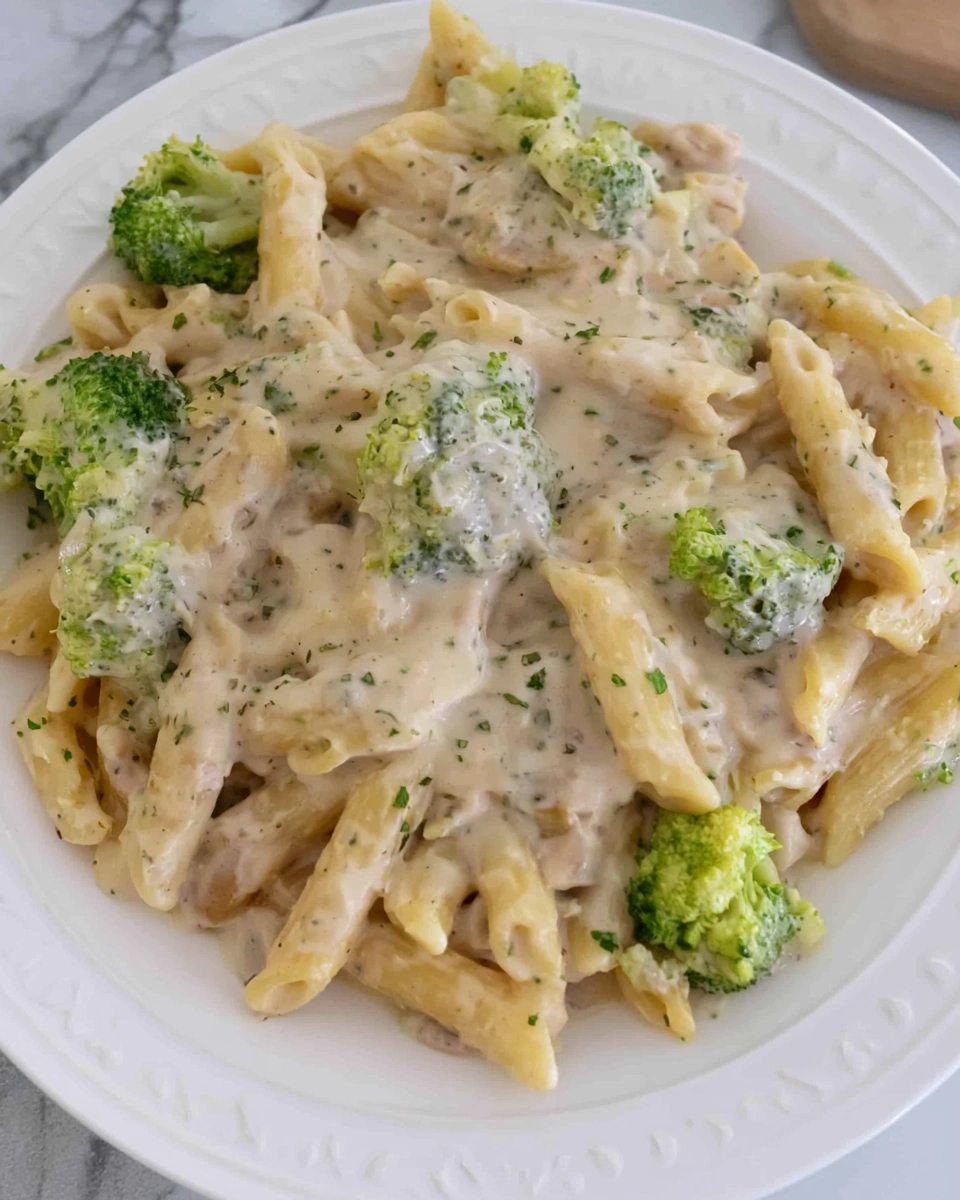 A plate of chicken, broccoli, and Alfredo penne.