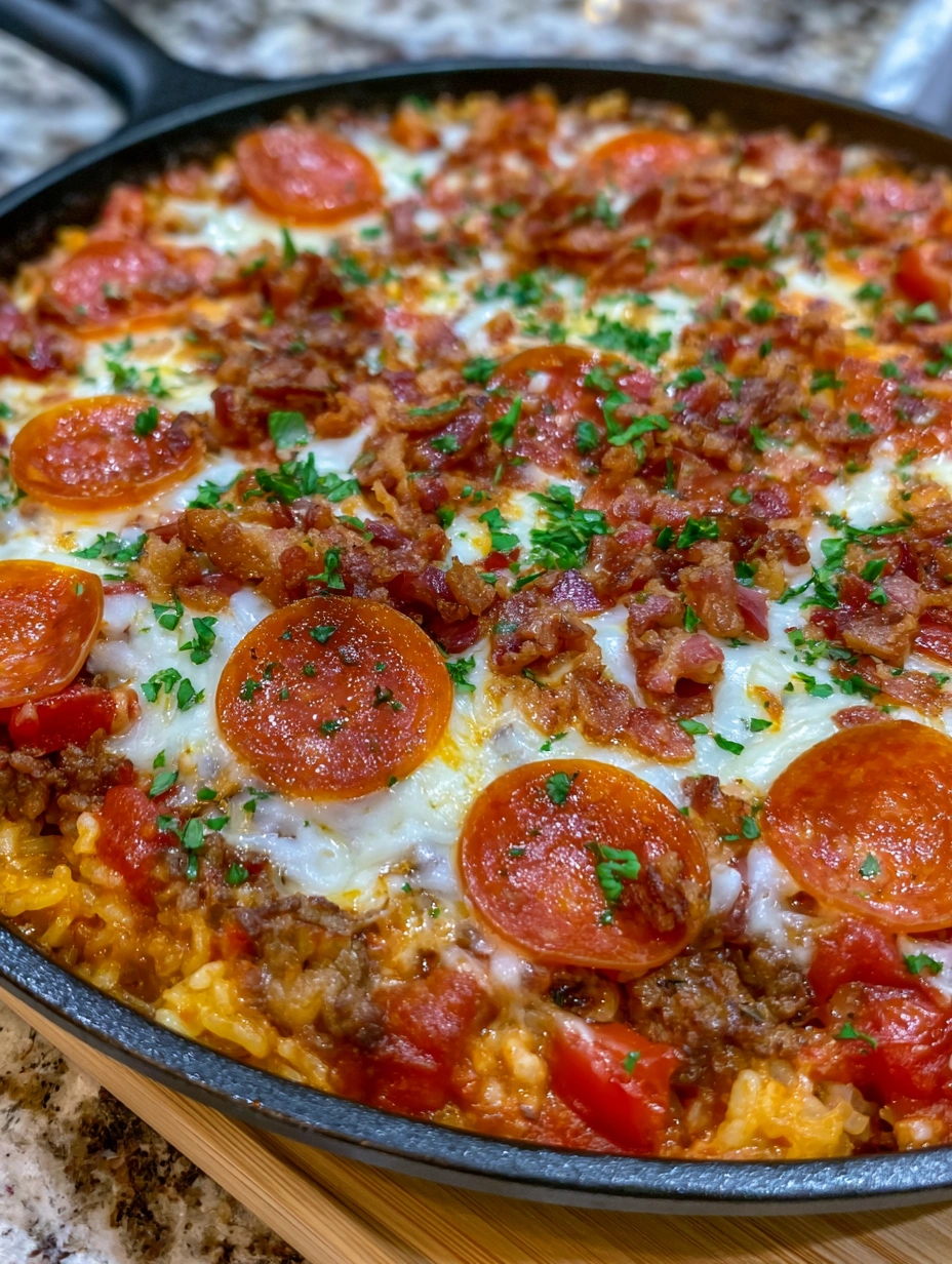 A Meat Lover's Pizza Rice Skillet with pepperoni and bacon.