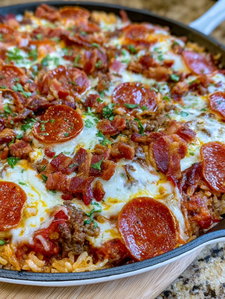 A close up of a Meat Lover's Pizza Rice Skillet.